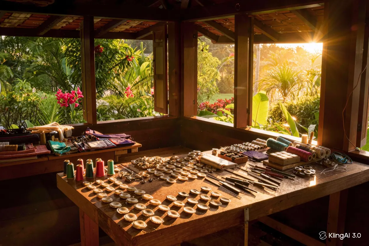 Établi en bois de l'atelier, couvert de nacre, de tissus colorés et d'outils, devant des fenêtres ouvertes sur un jardin tropical